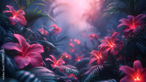 Neon spring floral banner with bokeh space for text in the middle. Floral tropical jungle background with fantastic shining flowers at night. Generative AI.	