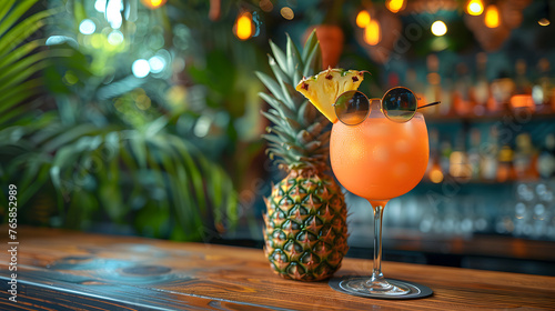 Pineapple and a summer cocktail with sunglasses standing on the bar counter. The concept of summer vacation, travel, vacation, relaxation. Generative AI	