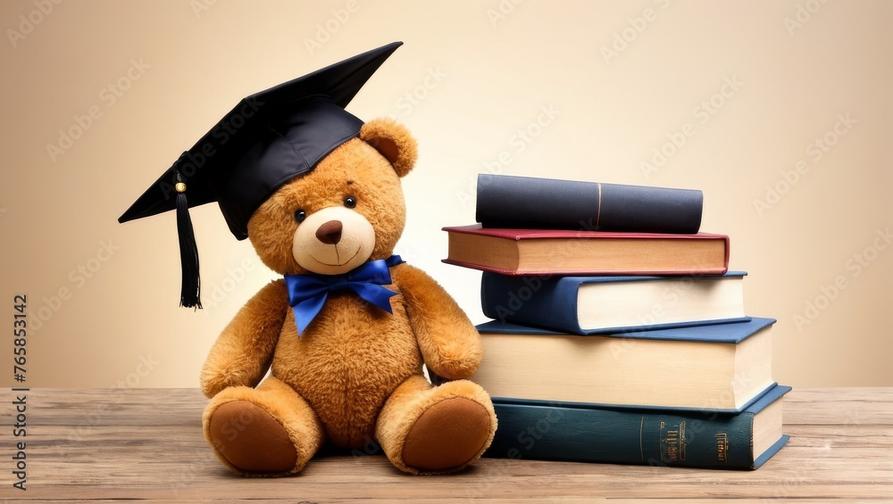 Teddy bear sitting on stack of books and graduation cap on wooden table Teddy bear sitting on stack of books and graduation cap on wooden table