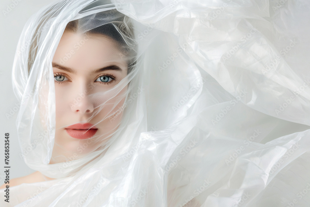 Young woman wrapped in polyethylene. Ecology concept, environment and plastic pollution problem. Fashion model posing in a clothes made of polyethylene fabric. Plastic waste, recycling, waste sorting Young woman wrapped in polyethylene. Ecology concept, environment and plastic pollution problem. Fashion model posing in a clothes made of polyethylene fabric. Plastic waste, recycling, waste sorting