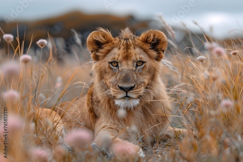 Majestuoso leon joven con mirada fija pensativa sentado en el pasto seco amarillento. Fauna silvestre