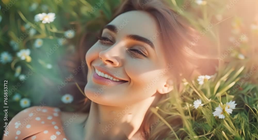 Carefree Young Woman Joyfully Laughing While Laying On Grass Outside 