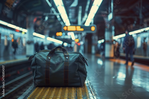 Large, suspicious sports bag left unattended on a train station platform, concept of terrorism, potential terrorist attacks, and caution regarding unattended items. Trains and people in background