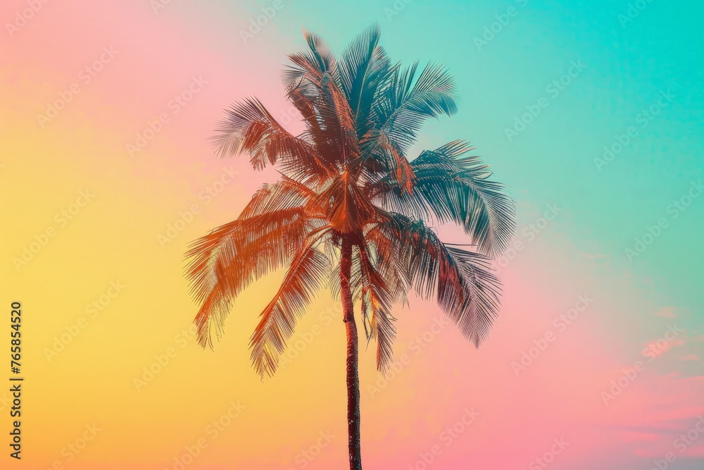 A palm tree stands out as a silhouette against a vibrant and colorful sky, creating a striking contrast between nature and the backdrop