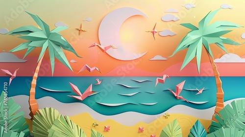 tropical island with palm trees moon paper cut