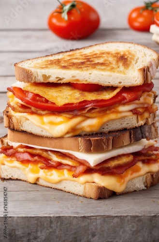 layered sandwich with toasted bread, bacon, cheese, herbs and tomato sauce on gray textured background closeup