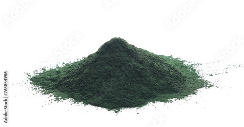 Organic spirulina powder, raw isolated on white, side view