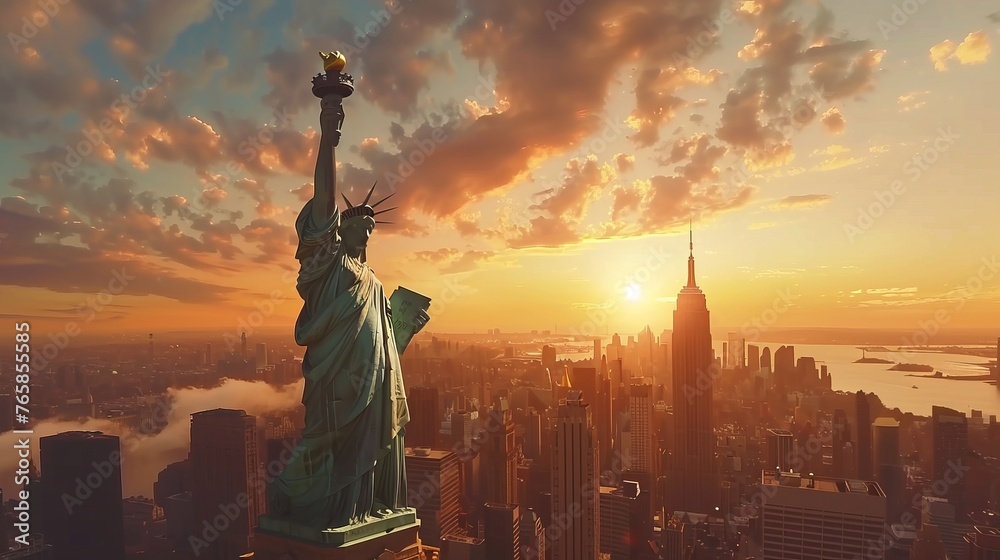 Liberty statue in New York city with manhatttan background and sunset, New York, USA - obrazy, fototapety, plakaty 