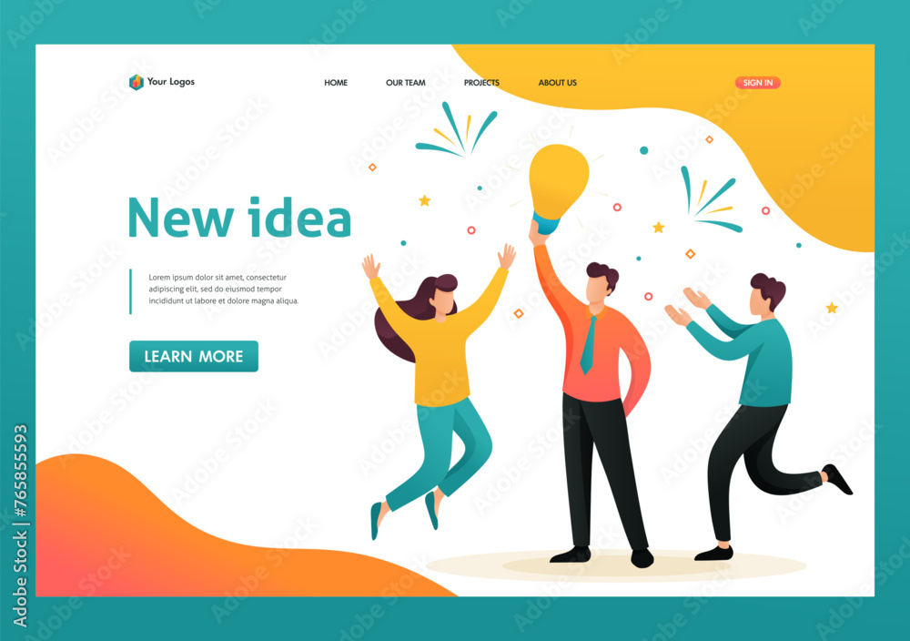 Young team Creates a new idea, teamwork. Brainstorm business ideas. Flat 2D character. Landing page concepts and web design Young team Creates a new idea, teamwork. Brainstorm business ideas. Flat 2D character. Landing page concepts and web design