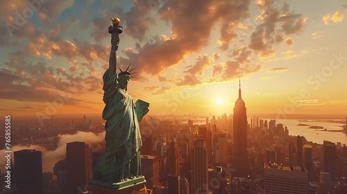 Liberty statue in New York city with manhatttan background and sunset, New York, USA photo