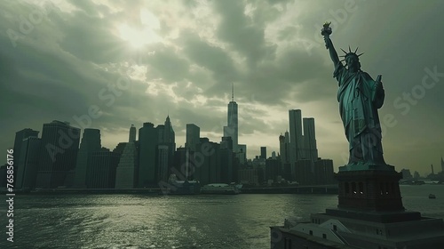 The Statue of Liberty over the Scene of New york cityscape river side which location is lower manhattan, Architecture and building with tourist concept