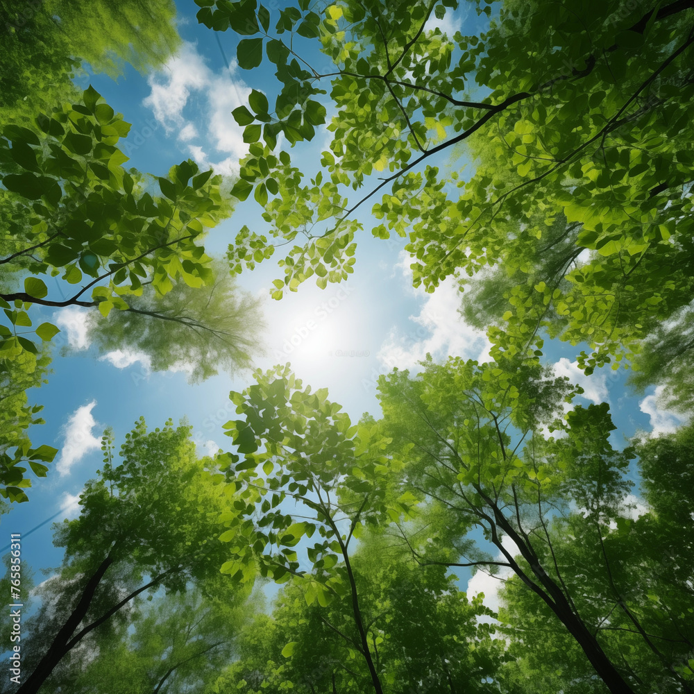 Fototapeta premium Green tree tops in summer forest