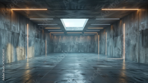 An empty futuristic corridor with polished floors, concrete walls, and ambient lighting