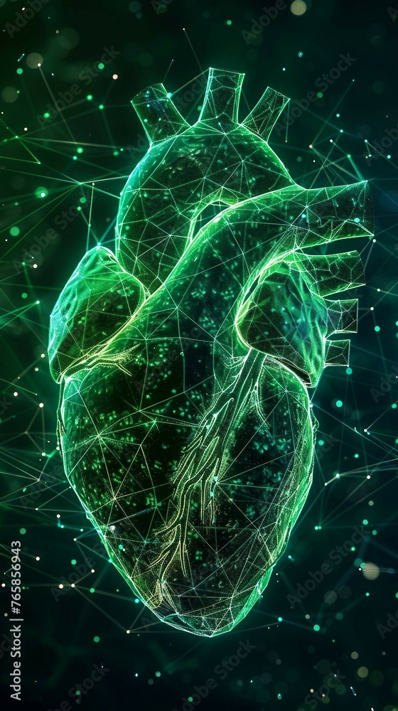 green High-Tech Digital Human Heart with Low Poly Wireframe on dark green Background. 3D Render with Polygon Mesh.
green High-Tech Digital Human Heart with Low Poly Wireframe on dark green Background. 3D Render with Polygon Mesh.