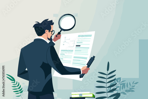 Meticulous document inspection: Businessman conducts thorough quality assurance review, investigating reports and legal audits with magnifying glass to verify information and ensure compliance. photo
