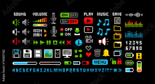 Retro Game pixel graphics icons Set 6. Perfect pixel icons of media player buttons, computer icons, music notes, sound volume, scale, media., sound wave, etc. Retro Video Game art. Isolated vector