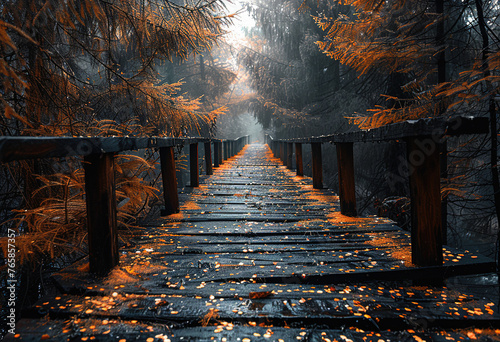 A bridge in the forest, covered with fallen leaves and rusted wooden planks. The trees around it have dark orange foliage that contrasts beautifully against the misty background.  © zee