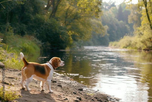 A Beagle enjoying a leisurely walk along a tranquil riverbank