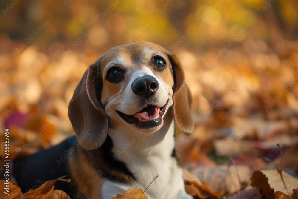 A Beagle with a mischievous grin, surrounded by fallen autumn leaves, offering space for text along the bottom edge of the picture.