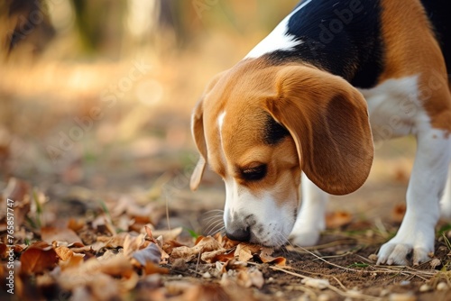 A Beagle with a keen sense of smell, sniffing the ground with intent, with copy space available on the right side of the image.