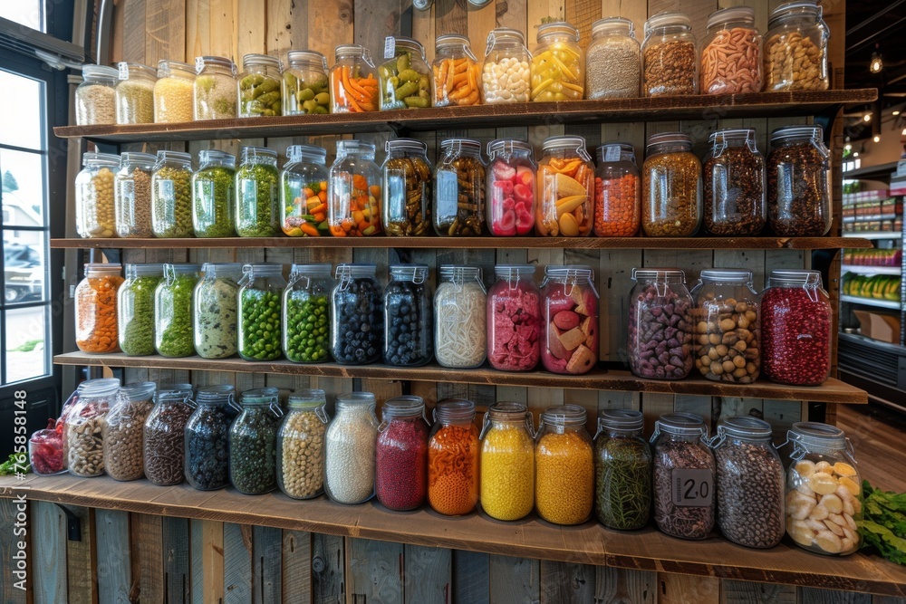 Glass jars filled with various dry foods on wooden shelves. Glass jars filled with various dry foods on wooden shelves.