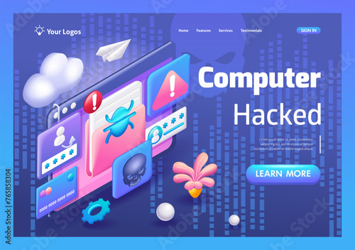 3D Isometric illustration, Cartoon. Ransomware Malware Attack. Business Computer Hacked. Trending Landing Page