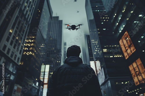 Man flying drone in the city photo