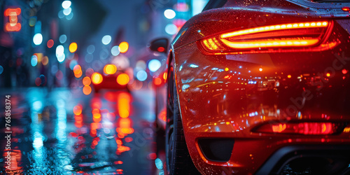 The sleek tail lights of a modern car on a rainy urban night, with city lights softly diffusing in the background.