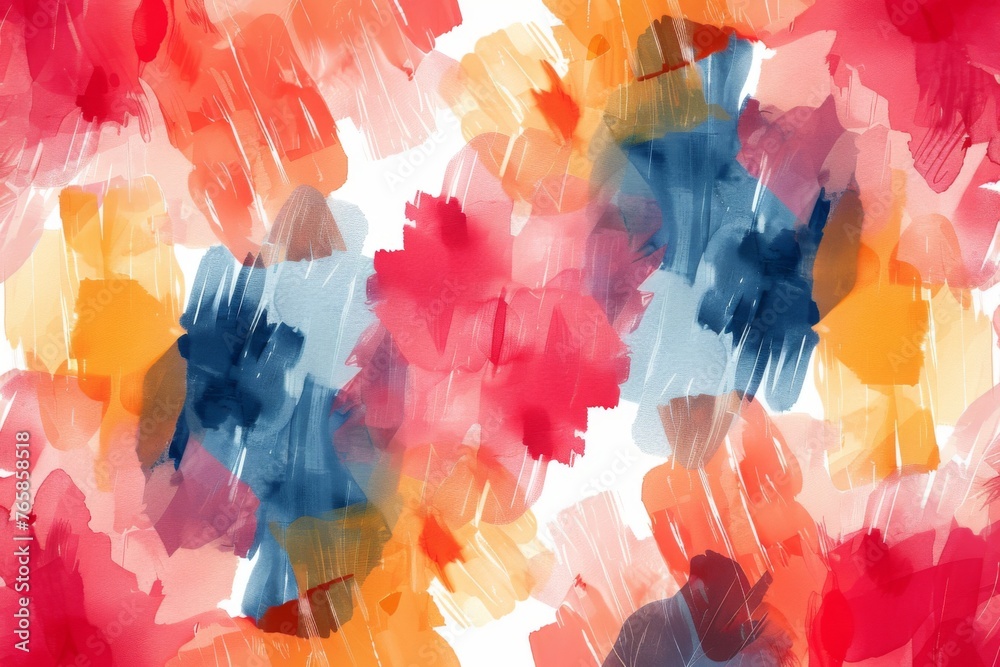 Abstract brushstrokes in reds, blues, and yellows create a lively and expressive watercolor artwork.