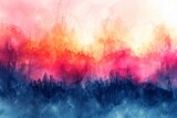 Artistic rendering of a mountain landscape in watercolor, transitioning from cool blues to warm reds and pinks.