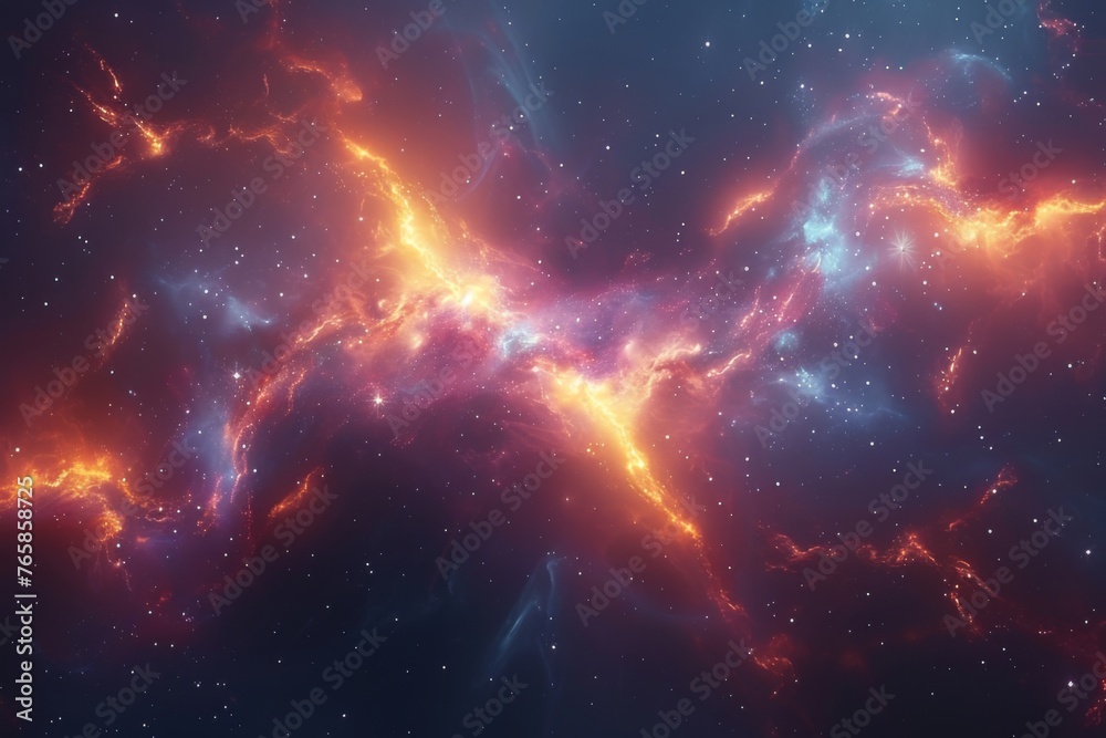 An abstract cosmic texture with nebulae and galaxies in fiery shades.
