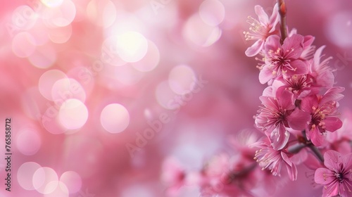 A soft pink background with blurred bokeh effect showcasing spring blossoms. © Emil