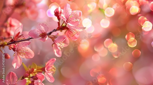 A soft pink background with blurred bokeh effect showcasing spring blossoms.
