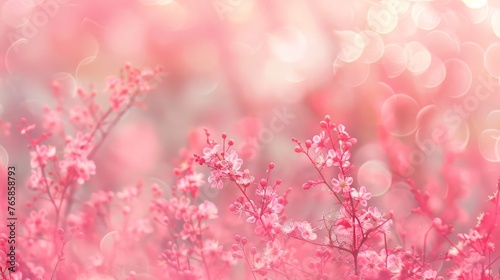 A soft pink background with blurred bokeh effect showcasing spring blossoms.