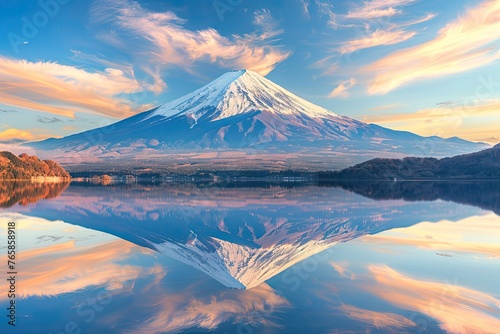 Mountain Fuji in the early morning with reflection on the lake kawaguchiko © Barra Fire