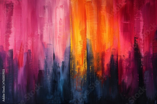 Bold watercolor strokes create a dramatic red and black cityscape on paper.