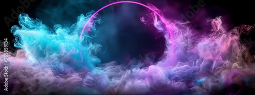 illustration of neon smoke exploding outwards with empty center. Dramatic smoke or fog effect for spooky  hot lighting ring circle