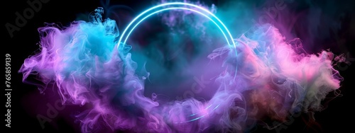 illustration of neon smoke exploding outwards with empty center. Dramatic smoke or fog effect for spooky, hot lighting ring circle