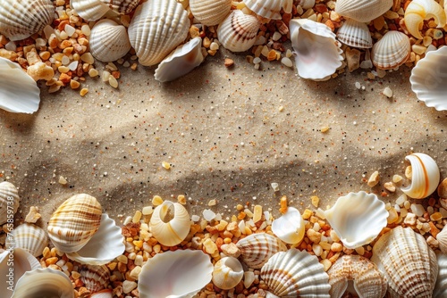 A seaside assortment of shells and sand, presenting a textured display of oceanic treasures.