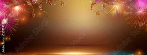 Festive fireworks and sparkles lighting up a golden background, perfect for celebration or holiday events. Concept of festivity, celebration, and holiday cheer.
 photo