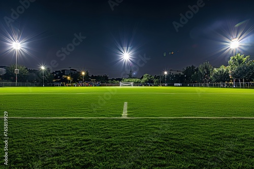Night soccer field with lights and spectators panorama 