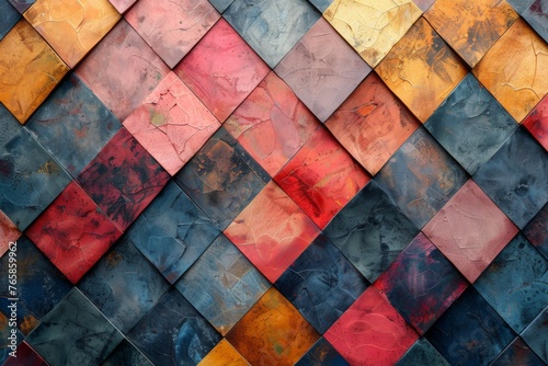 A vibrant pattern of diamond-shaped tiles in a spectrum of red, orange, and blue.