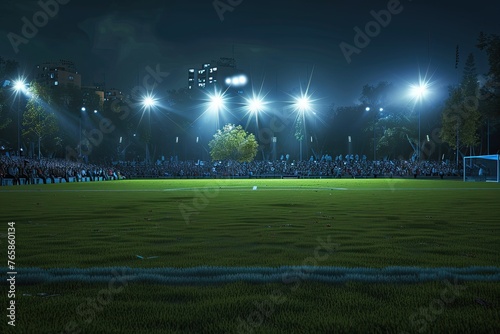 Night soccer field with lights and spectators panorama 