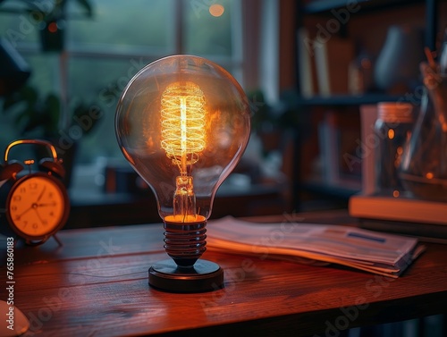 Close-up of Illuminated Light Bulb Symbolizing Innovation and Creative Business Ideas on Office Desk with Technological Gadgets and Paperwork, Concept of Inspiration and Productivity