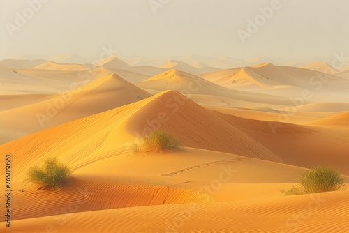 Golden sand dunes with sparse vegetation under a hazy sky in the desert.