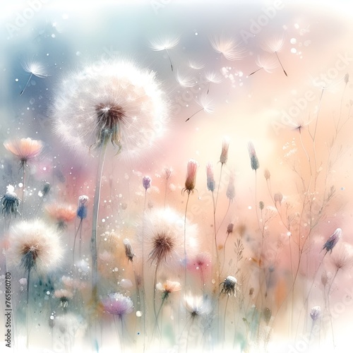 Watercolor dandelions art light tones background wallpaper freedom of flight. A tranquil and minimalist dandelion fluff background in a vertical format, featuring soft beige tones  photo