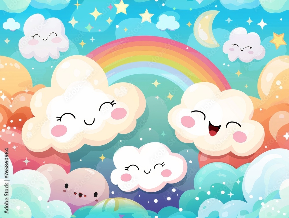 A colorful drawing of clouds and a rainbow with smiling faces. Scene is cheerful and playful