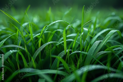 Vibrant green grass with morning dew, focused and detailed.