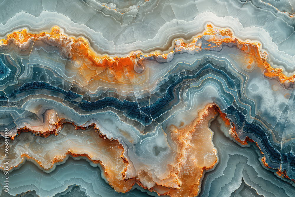 Top down close up of a stunningly beautiful swirling patterned agate surface, with shades of blue and orange. Created with Ai - obrazy, fototapety, plakaty 