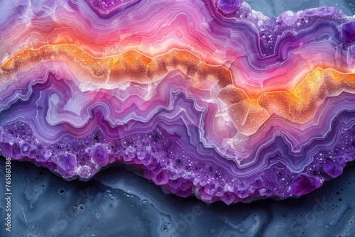 A cross-section of a geode reveals a striking array of crystalline formations with layers of purple, orange, and blue hues. photo
